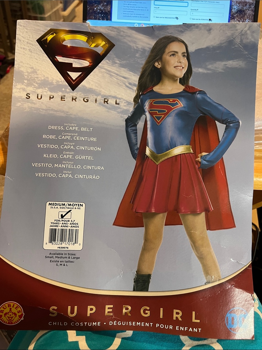Supergirl Kids Costume Dress with Cape and Belt - Red & Blue. Medium